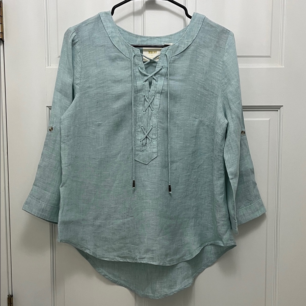 Maeve Light Blue 100% Linen Lace-Up Blouse Top - Size 6